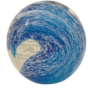 Blue Ocean Wave Design Art Glass Paperweight Sea Beach Sculpture Orb Sphere READ